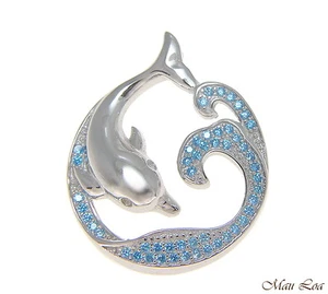 925 Silver Genuine Blue Topaz Hawaiian Ocean Wave Dolphin Slider Pendant - Picture 1 of 2