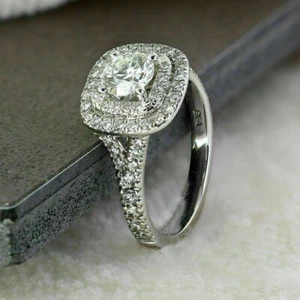 1.50Ct Round Cut Double Halo Moissanite 14K White Gold Plated Engagement Ring - Picture 1 of 10