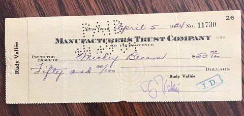 RUDY VALLEE, signed check to MICKEY (Milton) BLOOM endorsed on back,  4/5/34 Cover