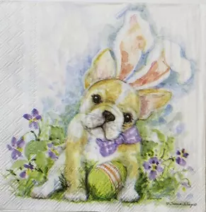 TWO Individual Paper Cocktail Decoupage Napkins - 2330 Easter French Bulldog - Picture 1 of 2