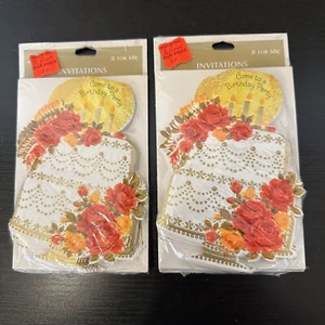 Vintage 2 Packungen mit 8 Geburtstagseinladungen NEU versiegelt geprägt Kuchen und Rosen - Bild 1 von 6