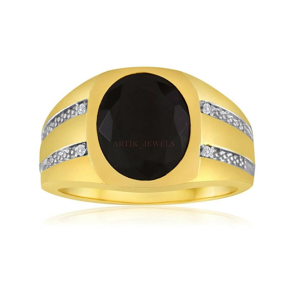 Anillo De Plata Esterlina 925 Baño De Oro Con Piedra Preciosa Ónix Negro #1261 - Imagen 1 de 4
