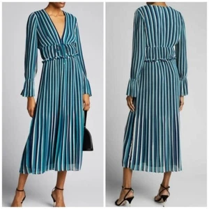 Ramy Brook Printed Hazel Striped Ruffle Long Sleeve Midi Dress Size 0 Blue Party - Picture 1 of 9