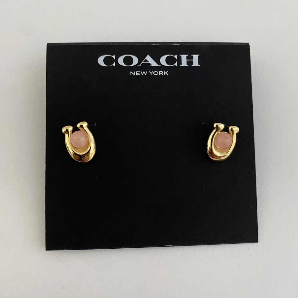 COACH C Gold Tone with Pink Rose Quartz Stone Fashion Stud Earrings