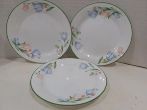 Corelle Fresh Cut Tulips 7.25" White w/Green Rim Dessert/Bread Plates Set Of 3 - Picture 1 of 2
