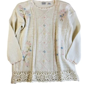 Vintage 80er Margules Damen Pullover Medium Strick bestickt Blumen weiß - Bild 1 von 12