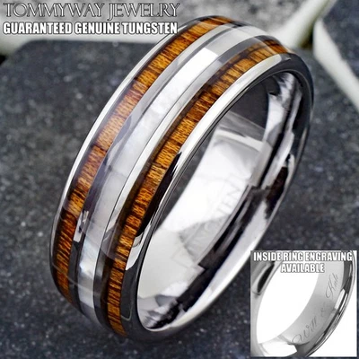 Personalized Engraved 8mm Tungsten Carbide Mother of Pearl Koa Wood Band Ring - Image 1 of 4