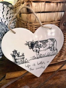Life is Better in the Country - Cow - Ceramic Heart Hanging Sign - Picture 1 of 2
