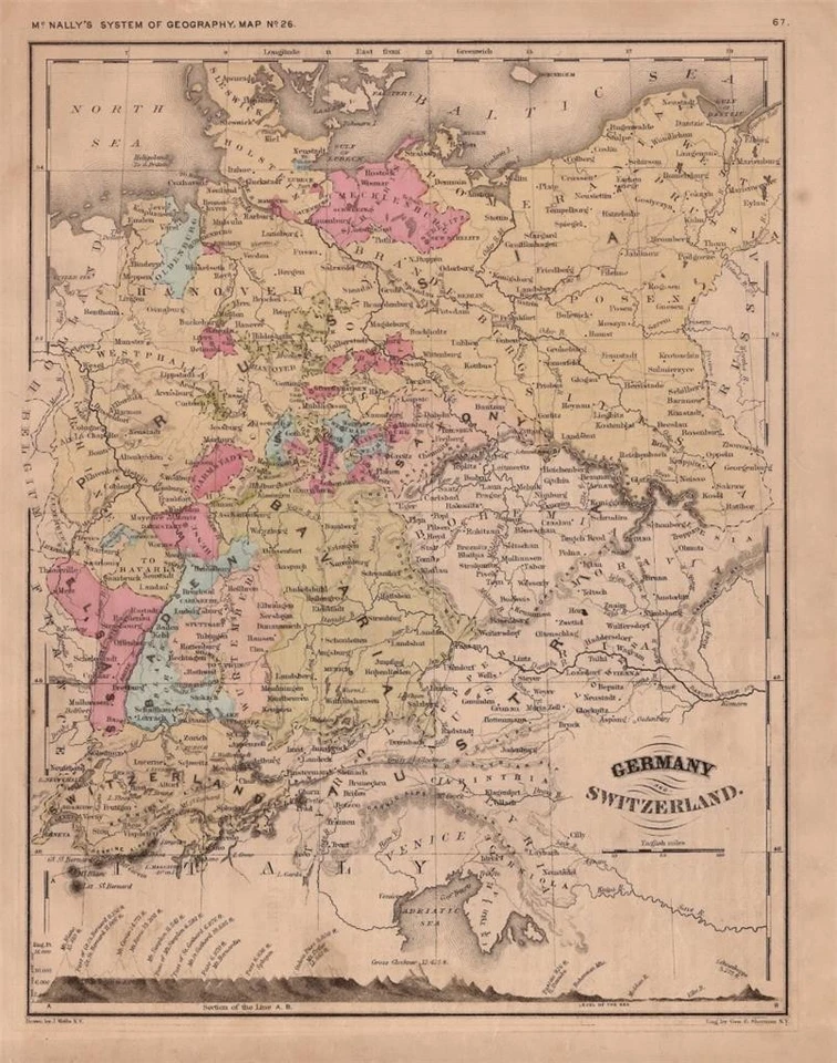 1877 FRANCIS MCNALLY SISTEMA DE GEOGRAFÍA ATLAS-MAPA DE ALEMANIA Y SUIZA Foto 1 de 1