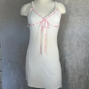 White Mini Dress Size M Pink Ribbon Babydoll Cottagecore fairy ethereal preppy - Picture 1 of 12