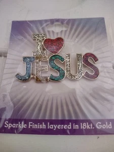 "I LOVE JESUS " Multicolor Rhinestone  Pin Sparkle Finish Layered In 18kt Gold - Picture 1 of 3