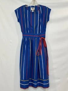 Vintage LANZ ORIGINALS Blue Stripe Dress 60s 70s Dress w/ Belt - Size 5/6 - Picture 1 of 14