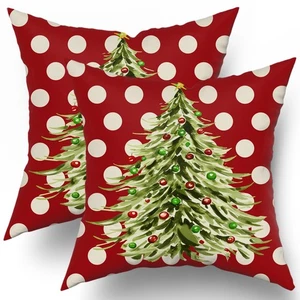 Christmas Pillow Covers 18x18 Inch Set of 2, Xmas Tree Green Red Colored Polk... - Picture 1 of 8