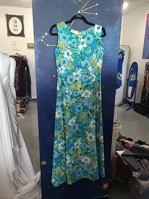 Maxi Vestido Años 70 Azul, Verde, Blanco Floral Cintura Imperio Foto 1 de 4