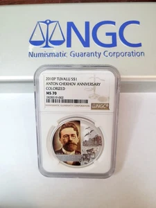 2010 Tuvalu 1 OZ Silber PP NGC MS70 Anton Tschechow - Bild 1 von 2