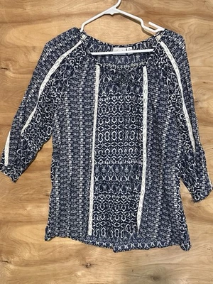 Blusa Kim Rogers Popover Mujer Talla Pequeña L PL Geométrica Rayón Crochet Encaje Boho Foto 1 de 4
