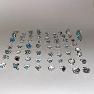Huge Ring Lot 66 Mixed Size Silver Costume Jewelry Faux Turquoise Onyx Opal - Picture 1 of 10