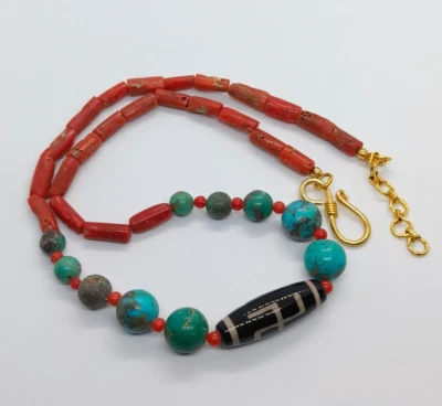 Natürlicher Türkis & rote Koralle Dzi Perlen Amulett Anhänger Halskette - ver... - Bild 1 von 4