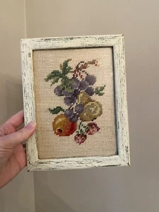 Vintage Fruit Needlepoint Framed In Distressed White Wood Frame - Picture 1 of 4