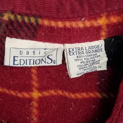 Basic Editions Plaid Overshirt Jacket Coat Zip Up W/Pocket Sz XL Corduroy Collar - Image 1 of 4