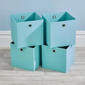 Folding Storage Utility Box 4 Piece Fabric Cube Set Aqua Blue Square Basket Bag - Picture 1 of 5