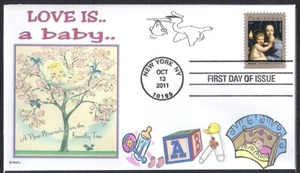 LOVE IS A BABY  FAMILY TREE  STORK  BIRDS   RAFAEL MOTHER CHILD FDC- DWc  CACHET - Picture 1 of 1