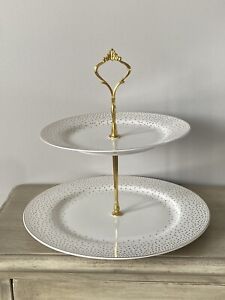 GRACE's TEAWARE 2 Tiered Dessert Serving Tray Plates White Small Gold Polka Dots