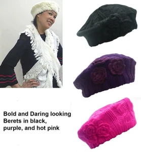 Cute and Bold Looking Beret with Flower Applique Warm and Stylish Warm Knit Hat - Picture 1 of 13