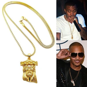 MENS NEW HIP HOP GOLD JESUS FACE MICRO MINI PENDANT 2MM 24" BOX CHAIN NECKLACE - Picture 1 of 3