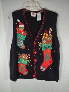 Medias de Navidad Cascanueces Vintage Años 90 Osos de Peluche Suéter Chaleco Talla M Negro - Imagen 1 de 5
