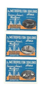 Juego de 3 etiquetas de sello de póster Isla del Tesoro de Oakland CA 1939 Feria Mundial GGIE - Imagen 1 de 2