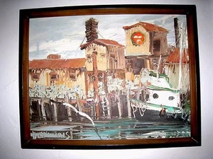 Framed Oil on Canvas Fishing Boat Dock Scene by CHARLES BEAUVAIS (1917-1976) - Picture 1 of 12