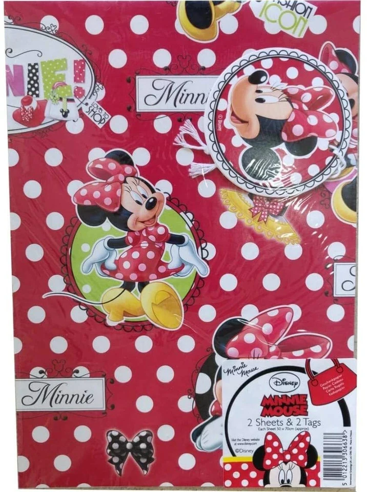 DISNEY MINNIE MOUSE 2 SHEETS  2 TAGS GIFT WRAP WRAPPING PAPER 50 x 70cm - Image 1 of 1
