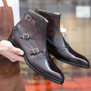 Buy Handmade New Men's Brown Leather Triple Strap Formal Chelsea Ankle Zip Boots
