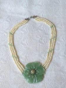 Sterling Silver Freshwater Pearl Carved Jade Flower Choker Necklace 925 - Picture 1 of 7