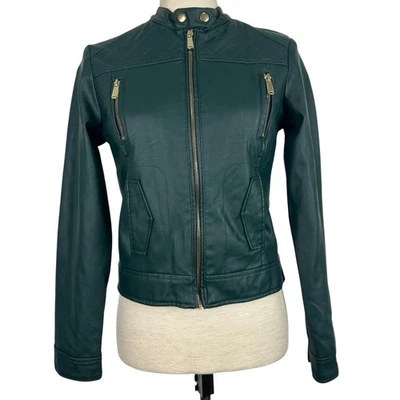 Chaqueta De Colección Y2K Delias Pequeña Verde Oscuro Imitación Cuero Vegano Moto Indie Sleaze Foto 1 de 4