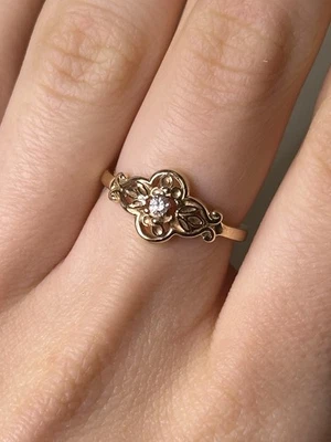 Anel vintage sólido de ouro amarelo 14K e diamante natural, tamanho 7 - Imagem 1 de 4