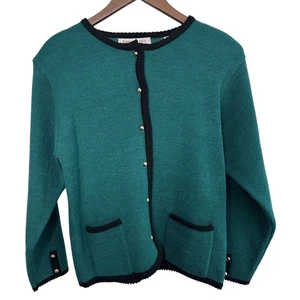 Cárdigan suéter vintage Karen Scott para mujer mediano con botones verde ribete negro - Imagen 1 de 7