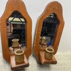 Set of 2 Wooden Mirror Sconce-Vintage- Home Interiors - Wall Mirror 12"H - Picture 1 of 4