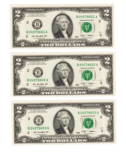 2009 $2 Dollar Bill Set of 3 Consecutive Serial Uncirculated Crisp NO RESERVE - Picture 1 of 2