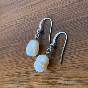 White Baroque Pearl Dangle Earrings on Sterling Silver Hooks Simple Elegant - Picture 1 of 4