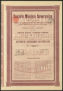 Bélgica: empresa minera de Amberes, 1 goissance share, 1898 - Imagen 1 de 1