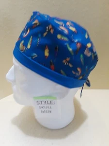 Fishing Lures Blue Men's Skull/Chemo Surgical Scrub Hat/Cap Handmade - Picture 1 of 7