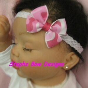 Pretty Pink Camouflage Camo Dainty Hair Bow Headband FITS Preemie to Toddler 