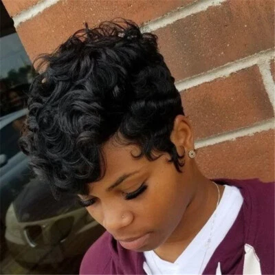 Fashion Women Short Black Curly Lace Front Human Hair Wigs Pixie Cut Wigs L part - Image 1 of 4