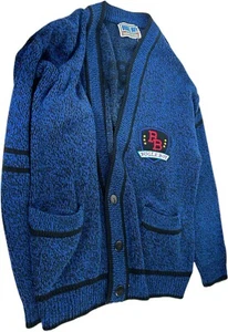 VTG Bugle Boy Knit Cardigan Sweater Global Challenge Embroidered Blue Mens Large - Picture 1 of 7