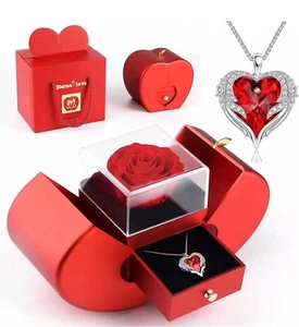 Preserved Real Rose,Eternal Flower Rose with Heart Necklace,Preserved Flowers Ro - Picture 1 of 2