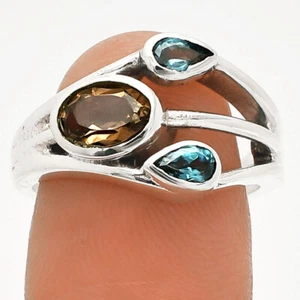 Smoky Quartz & London Blue Topaz 925 Sterling Silver Ring s.7 Jewelry R-1024 - Picture 1 of 5
