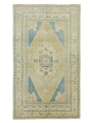 Tapete Oushak Turco Vintage – 6'6"x10'10" – Lã com Notas à Mão, Taupe e Azul Macio - Imagem 1 de 4
