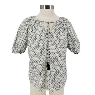 A New Day Shirt Black Print Short Sleeve Tassel V Neck Peasant Boho Top NWOT XS - Image 1 of 4